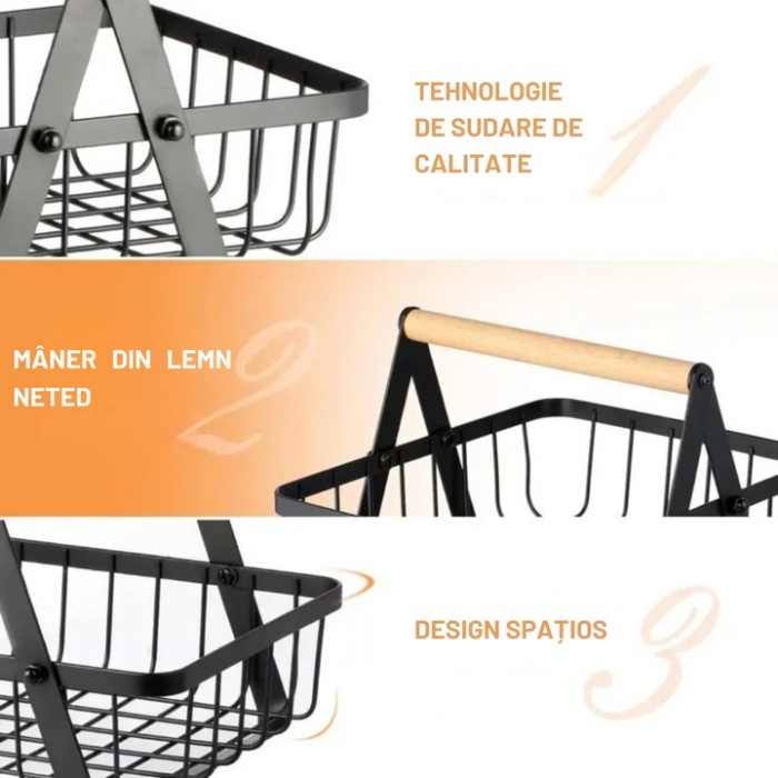 Cos metalic pentru fucte si legume VarioShop®, 2 niveluri, maner din lemn, design elegant, economisire spatiu, 27 x 17 x 29.5 cm, Negru [5]