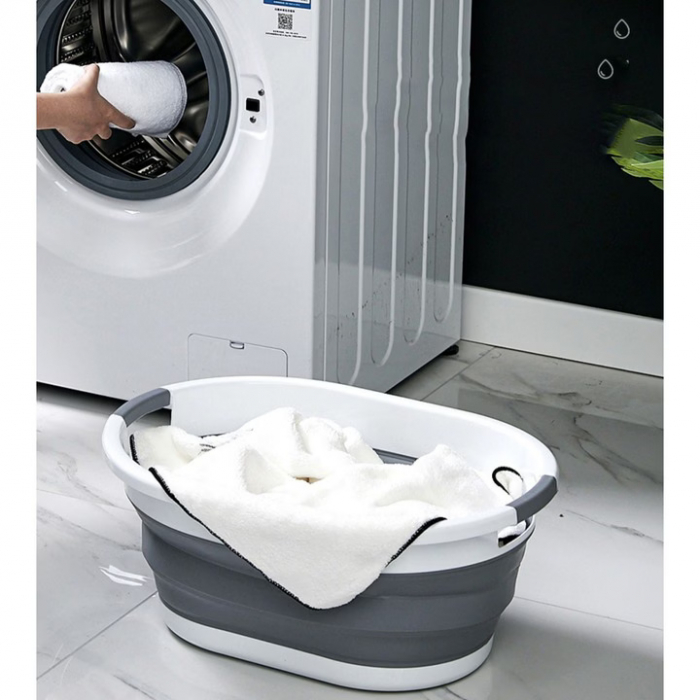 Cos Pentru Rufe Pliabil Multifunctional VarioShop®, Dimensiuni 38 x 53 x6/15/24 cm, Inaltime reglabila pe 3 nivele, Material Silicon-Plastic, Capacitate 25L, Echipat cu Manere pentru Transport, Gri si [29]
