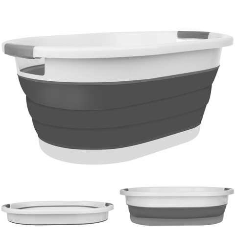 Cos Pentru Rufe Pliabil Multifunctional VarioShop®, Dimensiuni 38 x 53 x6/15/24 cm, Inaltime reglabila pe 3 nivele, Material Silicon-Plastic, Capacitate 25L, Echipat cu Manere pentru Transport, Gri si [45]