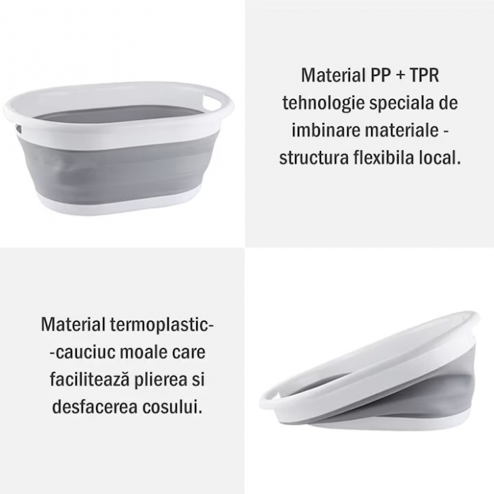 Cos Pentru Rufe Pliabil Multifunctional VarioShop®, Dimensiuni 38 x 53 x6/15/24 cm, Inaltime reglabila pe 3 nivele, Material Silicon-Plastic, Capacitate 25L, Echipat cu Manere pentru Transport, Gri si [46]