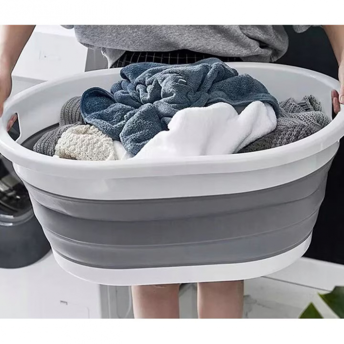 Cos Pentru Rufe Pliabil Multifunctional VarioShop®, Dimensiuni 38 x 53 x6/15/24 cm, Inaltime reglabila pe 3 nivele, Material Silicon-Plastic, Capacitate 25L, Echipat cu Manere pentru Transport, Gri si [31]