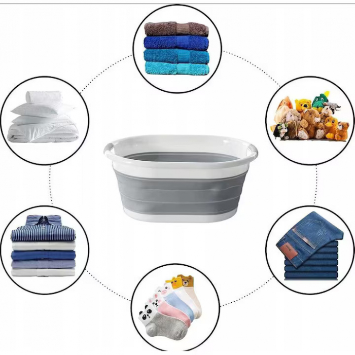 Cos Pentru Rufe Pliabil Multifunctional VarioShop®, Dimensiuni 38 x 53 x6/15/24 cm, Inaltime reglabila pe 3 nivele, Material Silicon-Plastic, Capacitate 25L, Echipat cu Manere pentru Transport, Gri si [32]