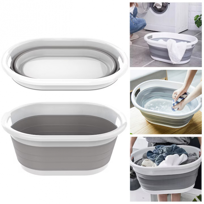 Cos Pentru Rufe Pliabil Multifunctional VarioShop®, Dimensiuni 38 x 53 x6/15/24 cm, Inaltime reglabila pe 3 nivele, Material Silicon-Plastic, Capacitate 25L, Echipat cu Manere pentru Transport, Gri si [35]