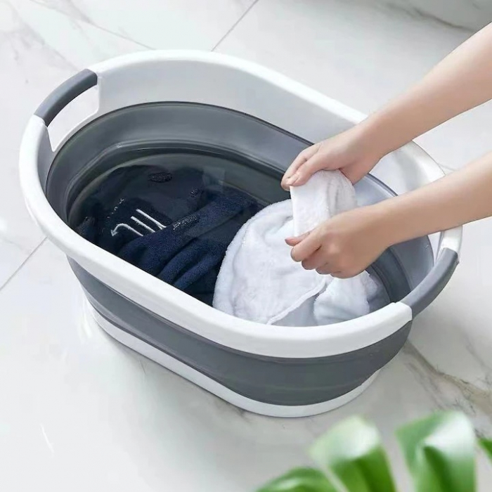Cos Pentru Rufe Pliabil Multifunctional VarioShop®, Dimensiuni 38 x 53 x6/15/24 cm, Inaltime reglabila pe 3 nivele, Material Silicon-Plastic, Capacitate 25L, Echipat cu Manere pentru Transport, Gri si [30]