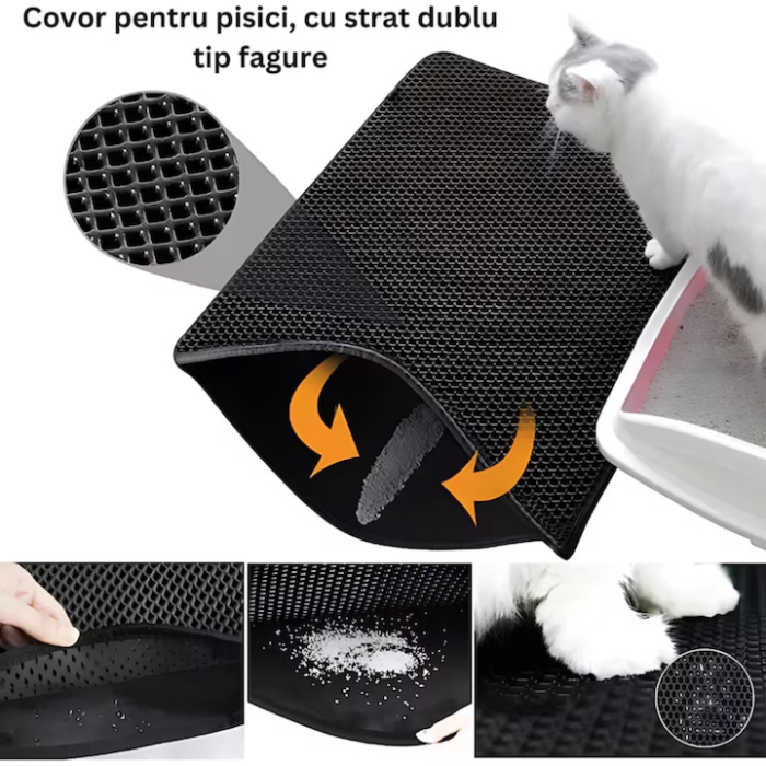 Covoras litiera pisici VarioShop®, impermeabil, spuma EVA, antiderapant, usor de curatat, capteaza nisipul, protejeaza podeaua, 49.5 x 39.5cm, Negru [3]