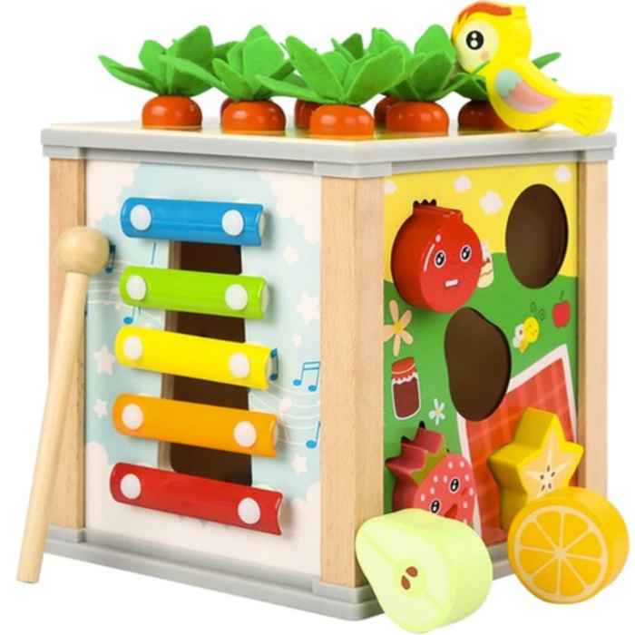Cub educativ din lemn 5 in 1 pentru copii VarioShop®, jucarie Montessori, sortator forme, ceas, joc magnetic, dezvoltare motrica si logica, 16 x 15.5 x 15.5 cm [9]