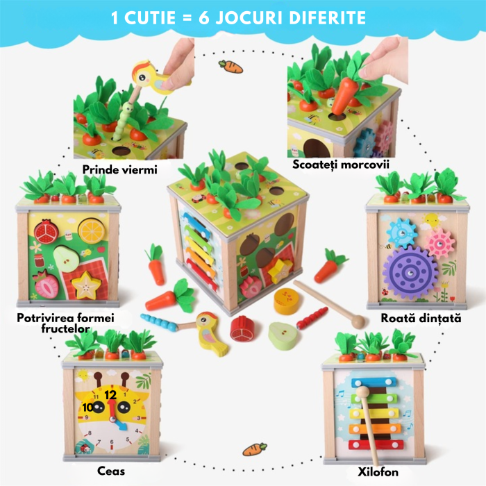 Cub educativ din lemn 5 in 1 pentru copii VarioShop®, jucarie Montessori, sortator forme, ceas, joc magnetic, dezvoltare motrica si logica, 16 x 15.5 x 15.5 cm [2]