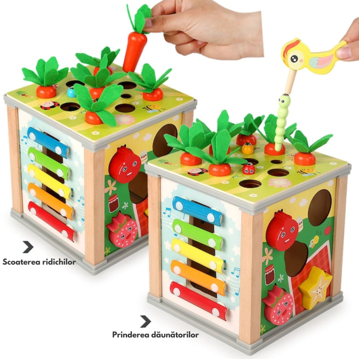 Cub educativ din lemn 5 in 1 pentru copii VarioShop®, jucarie Montessori, sortator forme, ceas, joc magnetic, dezvoltare motrica si logica, 16 x 15.5 x 15.5 cm [7]