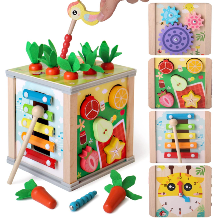 Cub educativ din lemn 5 in 1 pentru copii VarioShop®, jucarie Montessori, sortator forme, ceas, joc magnetic, dezvoltare motrica si logica, 16 x 15.5 x 15.5 cm [1]