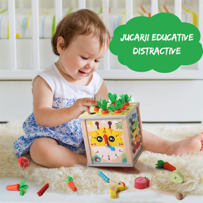 Cub educativ din lemn 5 in 1 pentru copii VarioShop®, jucarie Montessori, sortator forme, ceas, joc magnetic, dezvoltare motrica si logica, 16 x 15.5 x 15.5 cm [8]