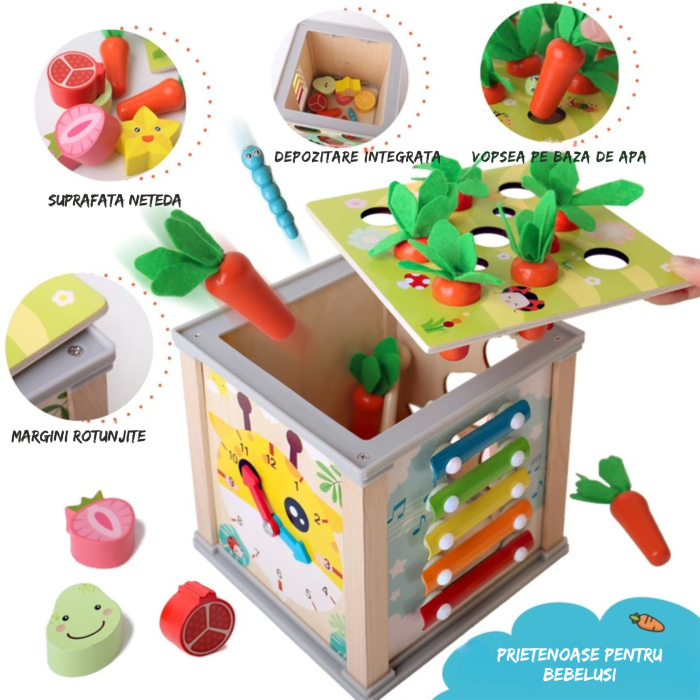 Cub educativ din lemn 5 in 1 pentru copii VarioShop®, jucarie Montessori, sortator forme, ceas, joc magnetic, dezvoltare motrica si logica, 16 x 15.5 x 15.5 cm [3]
