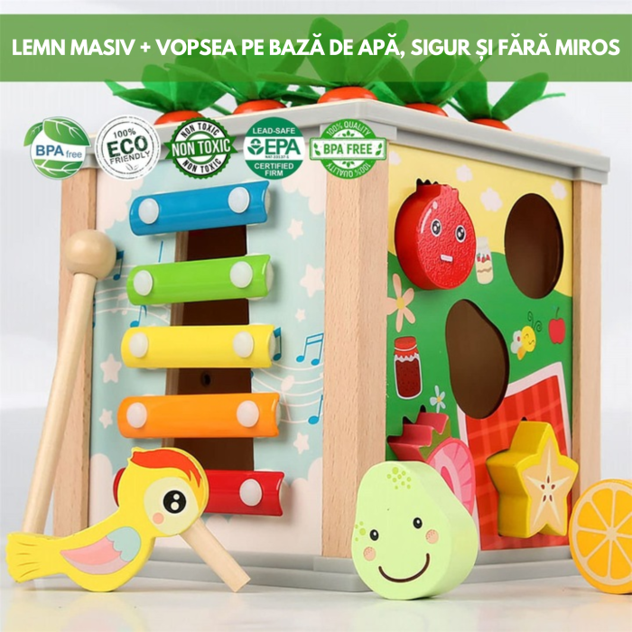 Cub educativ din lemn 5 in 1 pentru copii VarioShop®, jucarie Montessori, sortator forme, ceas, joc magnetic, dezvoltare motrica si logica, 16 x 15.5 x 15.5 cm [5]