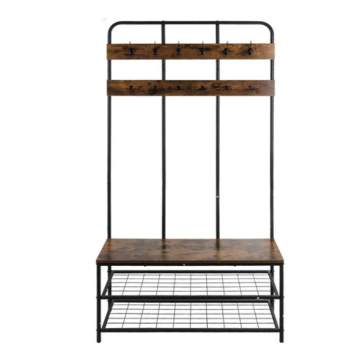 Cuier hol VarioShop® cu raft pentru pantofi si banca, 12 carlige duble, stil loft, suport haine si incaltaminte, metal si MDF, negru, 186x100x40 cm [5]