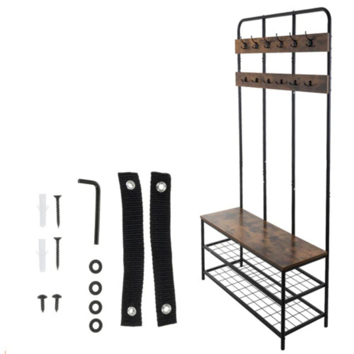Cuier hol VarioShop® cu raft pentru pantofi si banca, 12 carlige duble, stil loft, suport haine si incaltaminte, metal si MDF, negru, 186x100x40 cm [6]