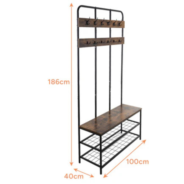 Cuier hol VarioShop® cu raft pentru pantofi si banca, 12 carlige duble, stil loft, suport haine si incaltaminte, metal si MDF, negru, 186x100x40 cm [4]
