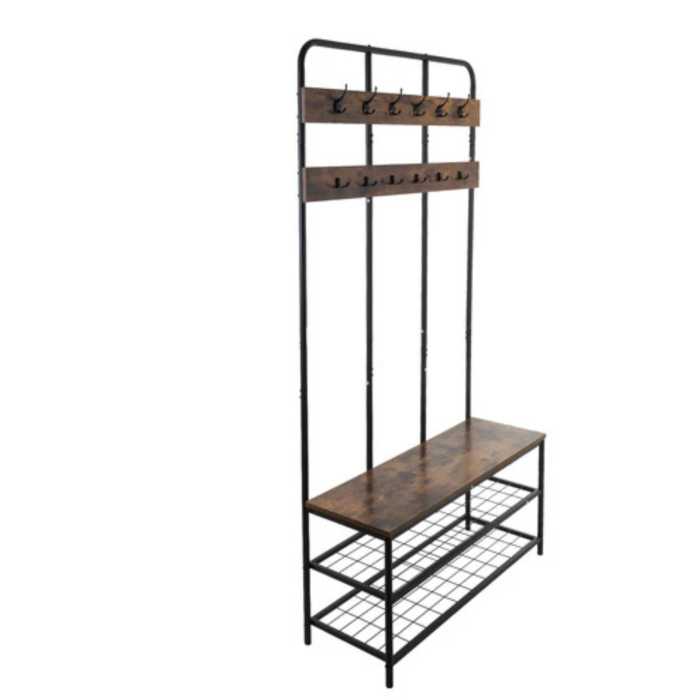 Cuier hol VarioShop® cu raft pentru pantofi si banca, 12 carlige duble, stil loft, suport haine si incaltaminte, metal si MDF, negru, 186x100x40 cm [7]