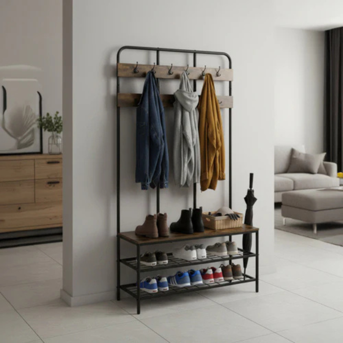 Cuier hol VarioShop® cu raft pentru pantofi si banca, 12 carlige duble, stil loft, suport haine si incaltaminte, metal si MDF, negru, 186x100x40 cm [2]
