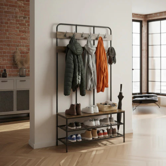Cuier hol VarioShop® cu raft pentru pantofi si banca, 12 carlige duble, stil loft, suport haine si incaltaminte, metal si MDF, negru, 186x100x40 cm [3]