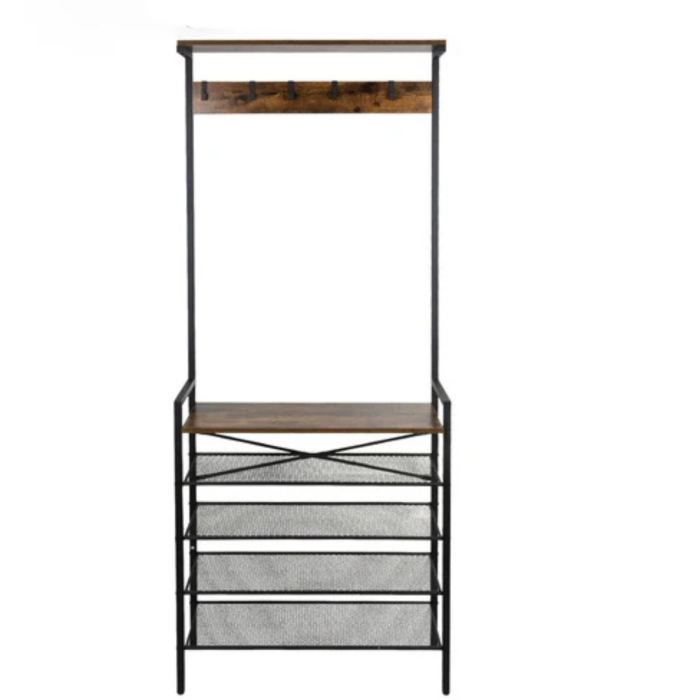 Cuier hol VarioShop® cu rafturi pentru pantofi si suport haine, 5 carlige, 4 rafturi metalice, stil loft industrial, metal si MDF, negru, 183.5x68x31.5 cm [8]