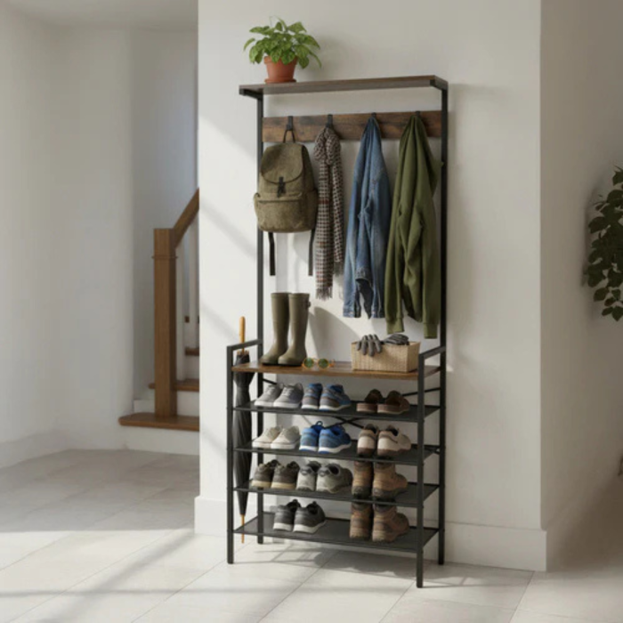 Cuier hol VarioShop® cu rafturi pentru pantofi si suport haine, 5 carlige, 4 rafturi metalice, stil loft industrial, metal si MDF, negru, 183.5x68x31.5 cm [3]