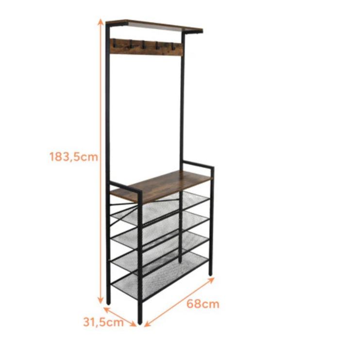 Cuier hol VarioShop® cu rafturi pentru pantofi si suport haine, 5 carlige, 4 rafturi metalice, stil loft industrial, metal si MDF, negru, 183.5x68x31.5 cm [4]