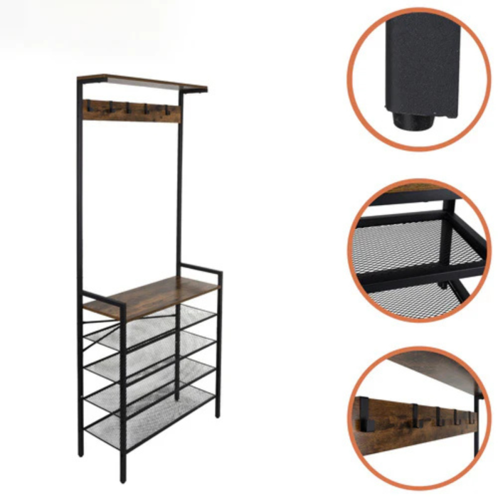 Cuier hol VarioShop® cu rafturi pentru pantofi si suport haine, 5 carlige, 4 rafturi metalice, stil loft industrial, metal si MDF, negru, 183.5x68x31.5 cm [5]