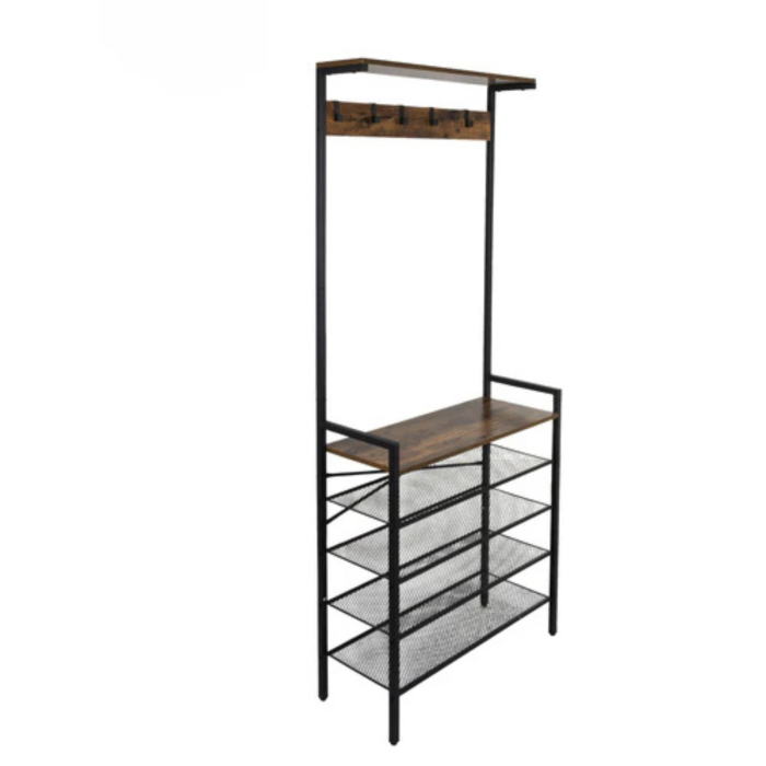 Cuier hol VarioShop® cu rafturi pentru pantofi si suport haine, 5 carlige, 4 rafturi metalice, stil loft industrial, metal si MDF, negru, 183.5x68x31.5 cm [6]
