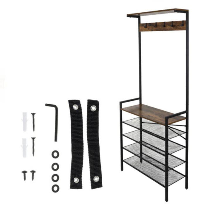 Cuier hol VarioShop® cu rafturi pentru pantofi si suport haine, 5 carlige, 4 rafturi metalice, stil loft industrial, metal si MDF, negru, 183.5x68x31.5 cm [7]