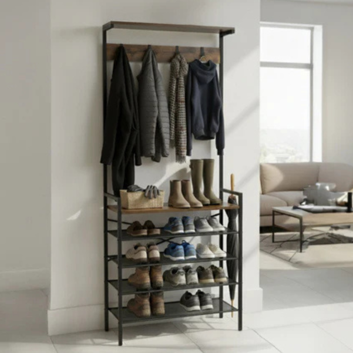 Cuier hol VarioShop® cu rafturi pentru pantofi si suport haine, 5 carlige, 4 rafturi metalice, stil loft industrial, metal si MDF, negru, 183.5x68x31.5 cm [2]