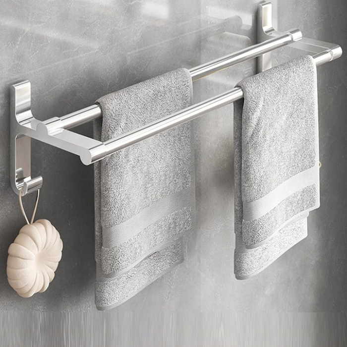 Cuier metalic de perete pentru baie VarioShop®, stil loft, din aluminiu rezistent la umiditate, cu 2 brate pentru prosoape, montaj cu suruburi inclus, 60 cm, Argintiu [6]