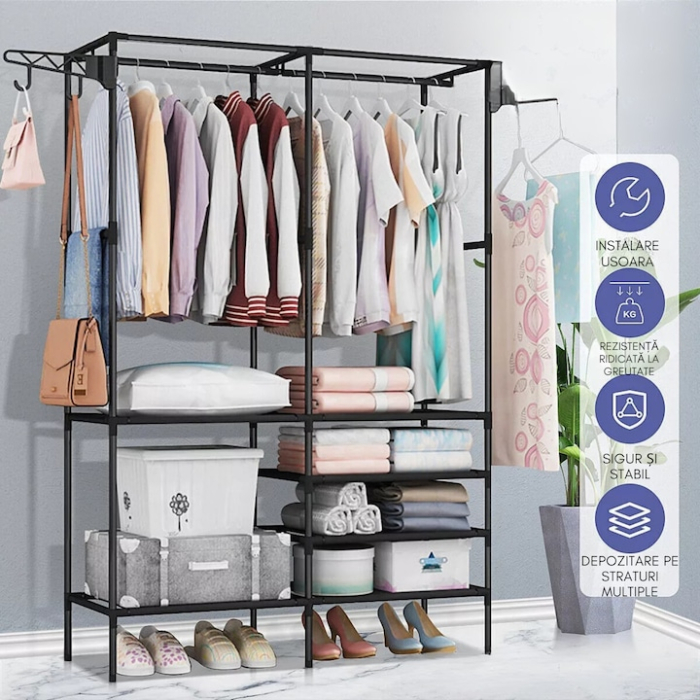 Cuier pentru haine VarioShop®, 6 rafturi, 8 umerase incluse, organizare eficienta, economie de spatiu, 173 x 36 x 108 cm, Negru [5]