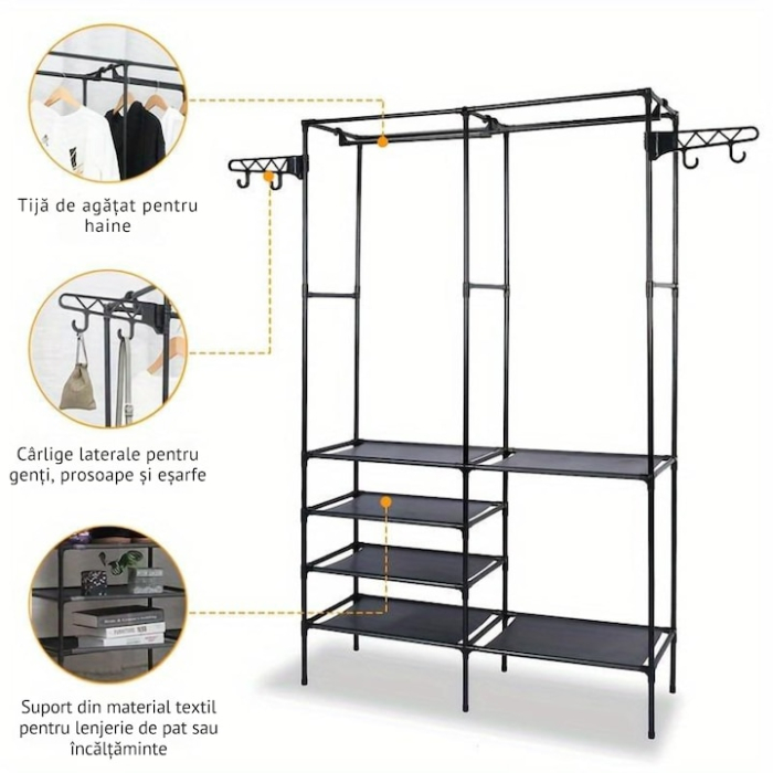 Cuier pentru haine VarioShop®, 6 rafturi, 8 umerase incluse, organizare eficienta, economie de spatiu, 173 x 36 x 108 cm, Negru [4]