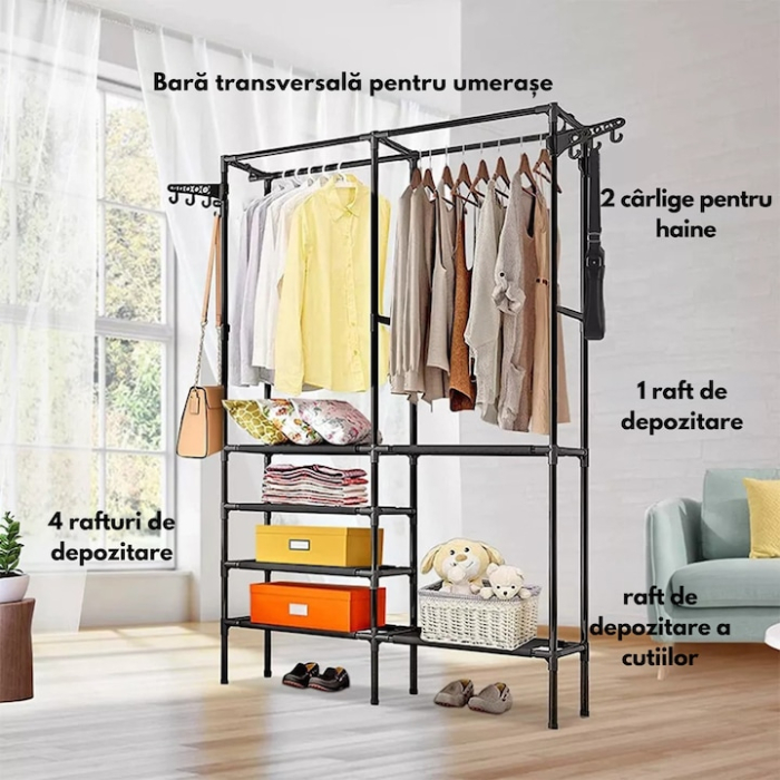 Cuier pentru haine VarioShop®, 6 rafturi, 8 umerase incluse, organizare eficienta, economie de spatiu, 173 x 36 x 108 cm, Negru [3]