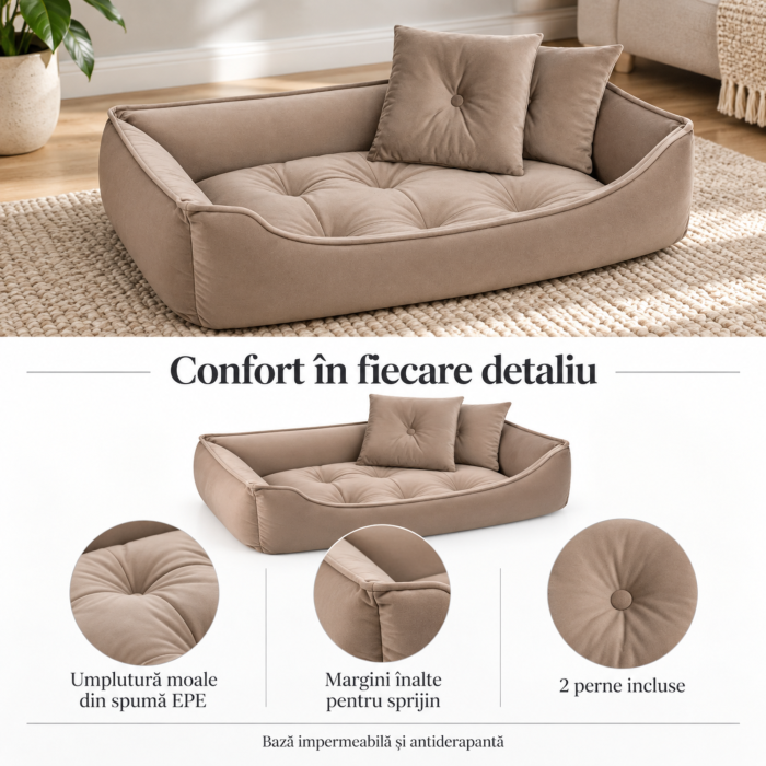 Culcus pentru caini si pisici VarioShop®, cu 2 perne incluse, baza impermeabila si antiderapanta, 70 x 50 cm, bej [5]