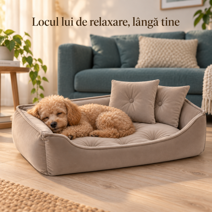 Culcus pentru caini si pisici VarioShop®, cu 2 perne incluse, baza impermeabila si antiderapanta, 70 x 50 cm, bej [6]
