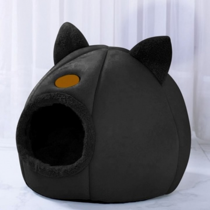 Culcus pentru Pisici si Caini VarioShop® in forma de casa cu urechi de pisica, material din plus, moale, confortabil, rezistent la apa, usor de spalat si intretinut, 36 x 36 x 36 cm, Negru [7]