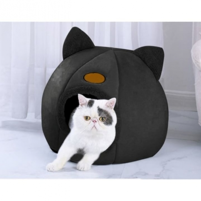 Culcus pentru Pisici si Caini VarioShop® in forma de casa cu urechi de pisica, material din plus, moale, confortabil, rezistent la apa, usor de spalat si intretinut, 36 x 36 x 36 cm, Negru [2]