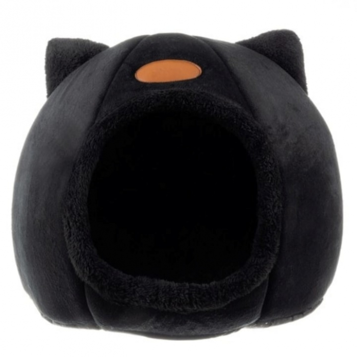 Culcus pentru Pisici si Caini VarioShop® in forma de casa cu urechi de pisica, material din plus, moale, confortabil, rezistent la apa, usor de spalat si intretinut, 36 x 36 x 36 cm, Negru [10]