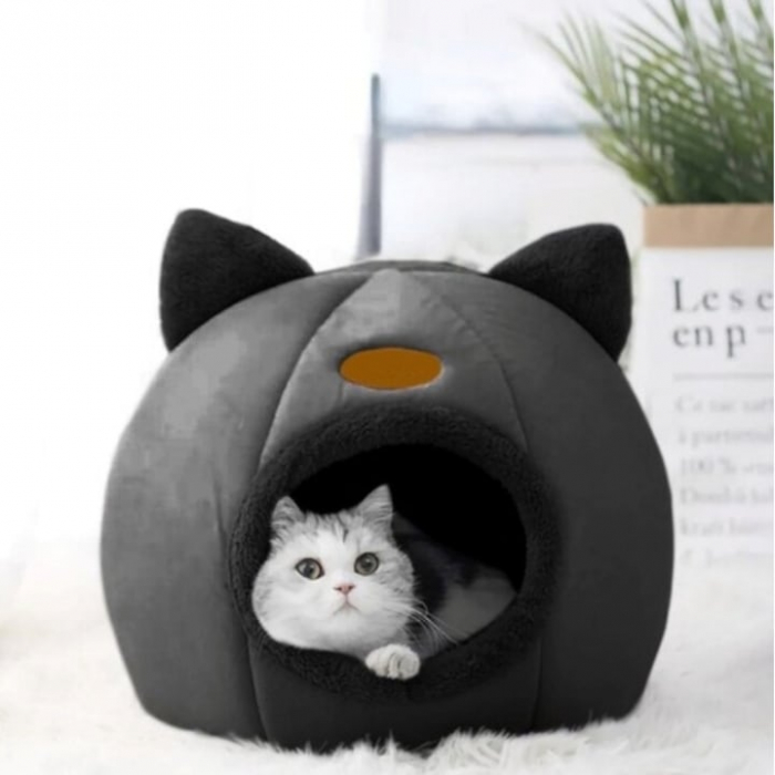 Culcus pentru Pisici si Caini VarioShop® in forma de casa cu urechi de pisica, material din plus, moale, confortabil, rezistent la apa, usor de spalat si intretinut, 36 x 36 x 36 cm, Negru [16]