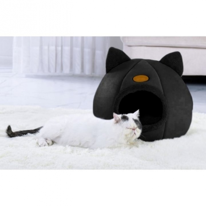 Culcus pentru Pisici si Caini VarioShop® in forma de casa cu urechi de pisica, material din plus, moale, confortabil, rezistent la apa, usor de spalat si intretinut, 36 x 36 x 36 cm, Negru [3]