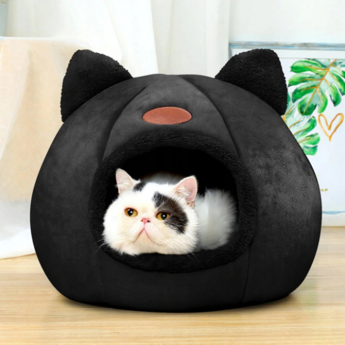Culcus pentru Pisici si Caini VarioShop® in forma de casa cu urechi de pisica, material din plus, moale, confortabil, rezistent la apa, usor de spalat si intretinut, 36 x 36 x 36 cm, Negru [4]
