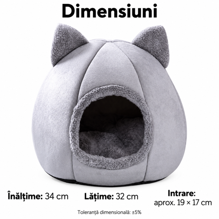 Culcus pentru pisici VarioShop®, pentru odihna, tip casuta pliabila, perna detasabila, baza antiderapanta, velur, inaltime 34 cm, gri [4]