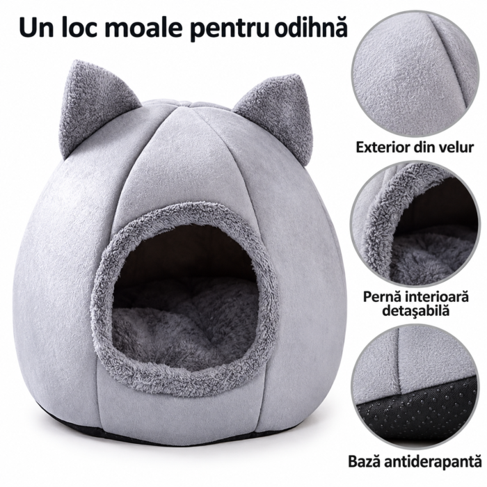 Culcus pentru pisici VarioShop®, pentru odihna, tip casuta pliabila, perna detasabila, baza antiderapanta, velur, inaltime 34 cm, gri [3]