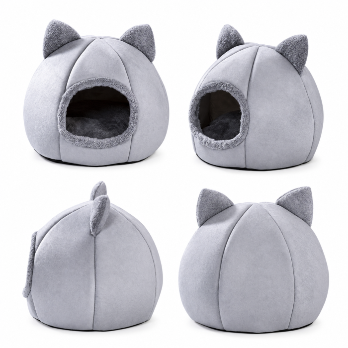 Culcus pentru pisici VarioShop®, pentru odihna, tip casuta pliabila, perna detasabila, baza antiderapanta, velur, inaltime 34 cm, gri [9]