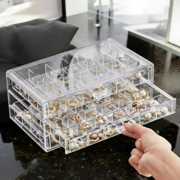 Cutie Bijuterii Varioshop cu 3 Sertare si 72 Compartimente, Organizator Transparent pentru Inele, Cercei si Accesorii, Caseta Depozitare Eleganta 23x13.5x10.5 cm [2]