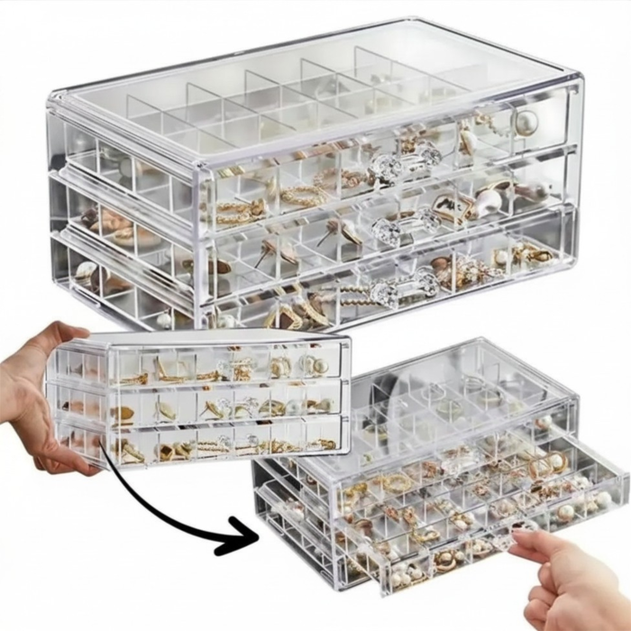Cutie Bijuterii Varioshop cu 3 Sertare si 72 Compartimente, Organizator Transparent pentru Inele, Cercei si Accesorii, Caseta Depozitare Eleganta 23x13.5x10.5 cm [3]