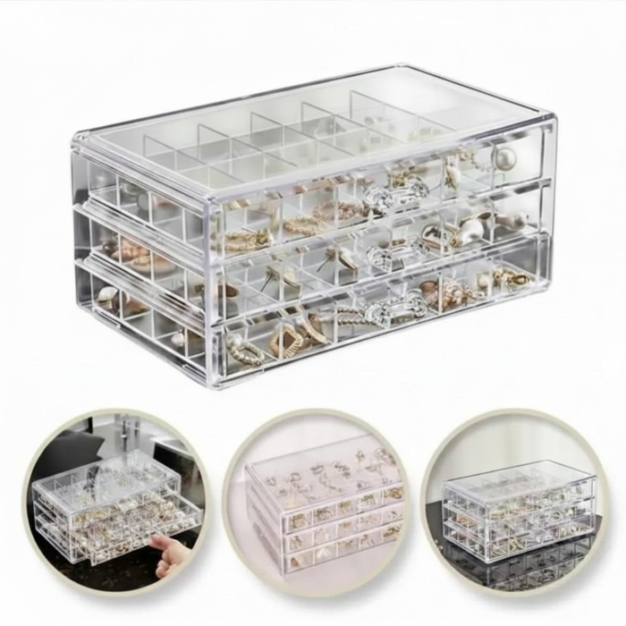 Cutie Bijuterii Varioshop cu 3 Sertare si 72 Compartimente, Organizator Transparent pentru Inele, Cercei si Accesorii, Caseta Depozitare Eleganta 23x13.5x10.5 cm [4]
