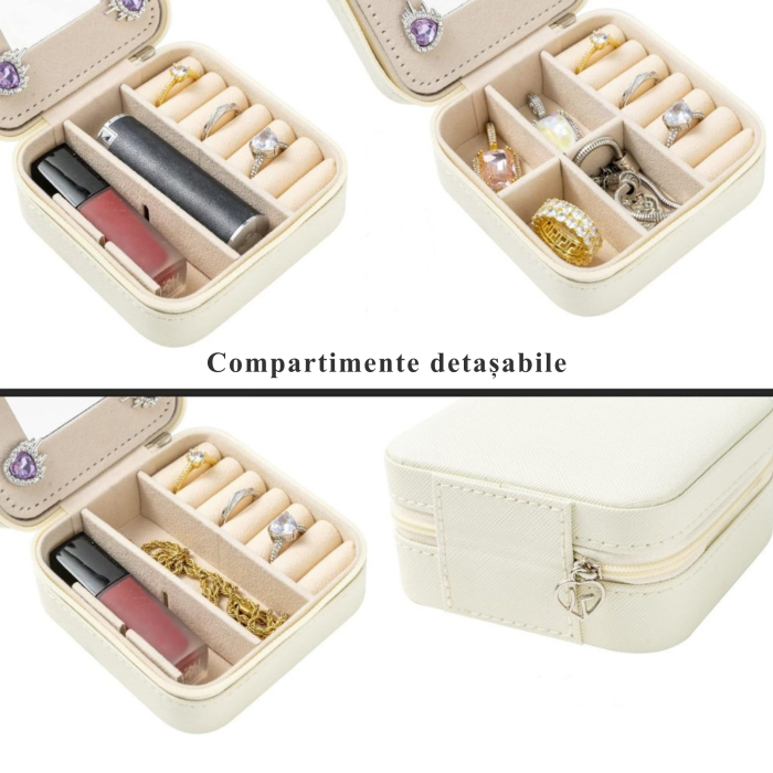 Cutie de bijuterii, 10x10cm, cu oglinda, organizator compact pentru calatorii, alb/crem [5]