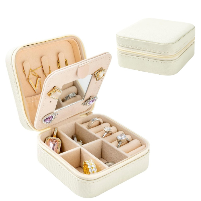Cutie de bijuterii, 10x10cm, cu oglinda, organizator compact pentru calatorii, alb/crem [3]