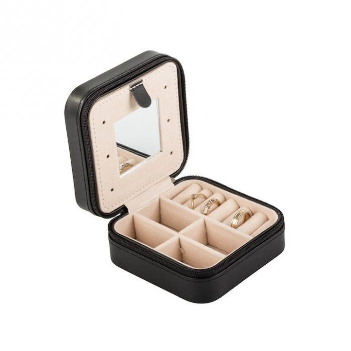 Cutie de bijuterii portabila VarioShop®, eleganta, compacta, oglinda, cu doua separatoare detasabile si fermoar, pentru depozitarea colierelor, inelelor, cerceilor, piele ecologica, 10 x 10 x 5 cm, Ne [8]